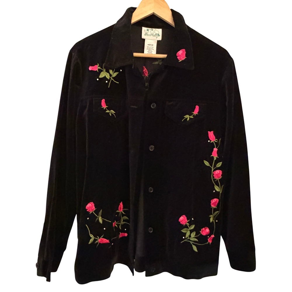 Quacker Factory‎ Velvet Jacket Womens Medium Black Excellent Rose Embroidered